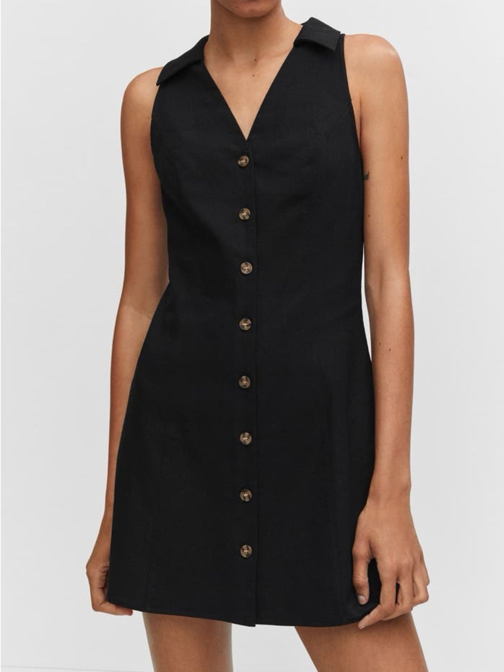Mango Black V‑Neck Button Mini Sleeveless Dress